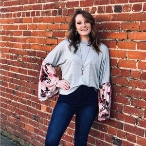 Floral Sleeve Gray Top